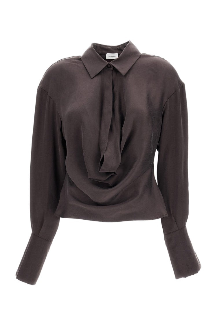 The Andamane Brown Satin Lilia Deep V Blouse