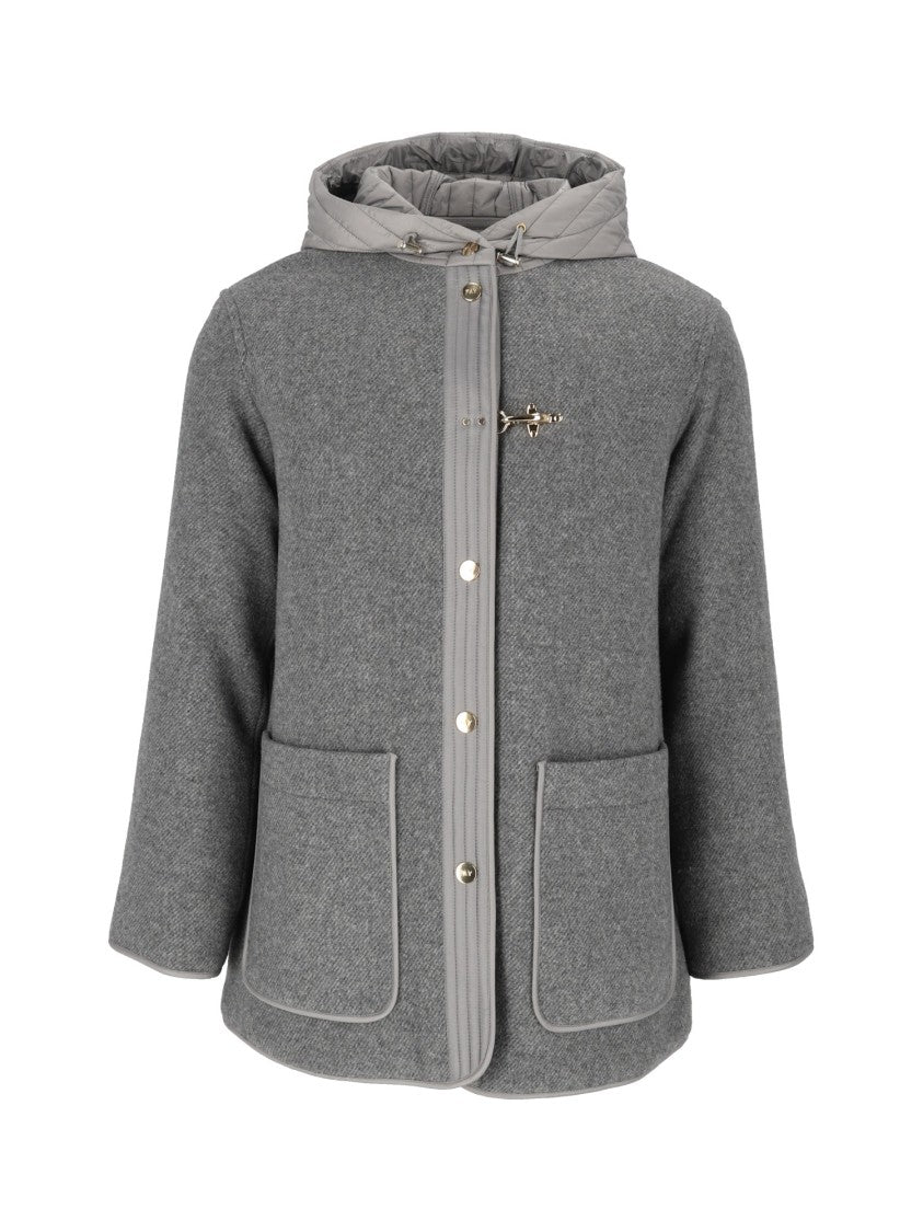 Fay Dual-Material Short Jacket With Quilted Hood And Hook Closure