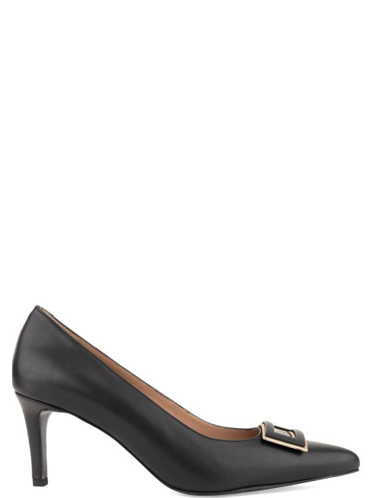Sergio Moretti Black Square Buckle Leather Low-Heel Pumps