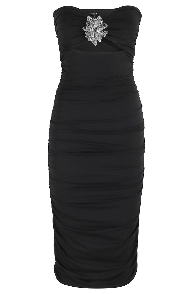 Amen Draped Midi Dress With Front Rhinestone Brooch