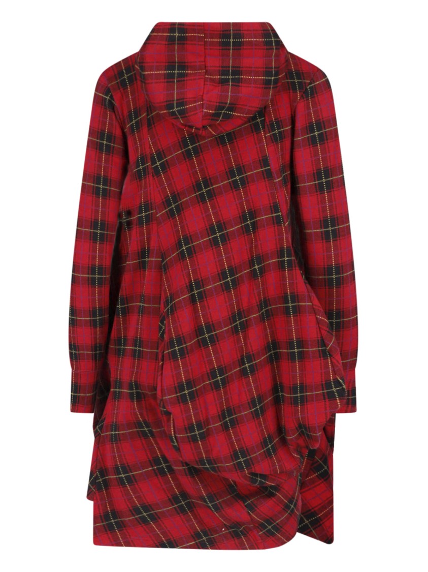 Comme Des Garçons Red/Black Plaid Draped Hooded Dress