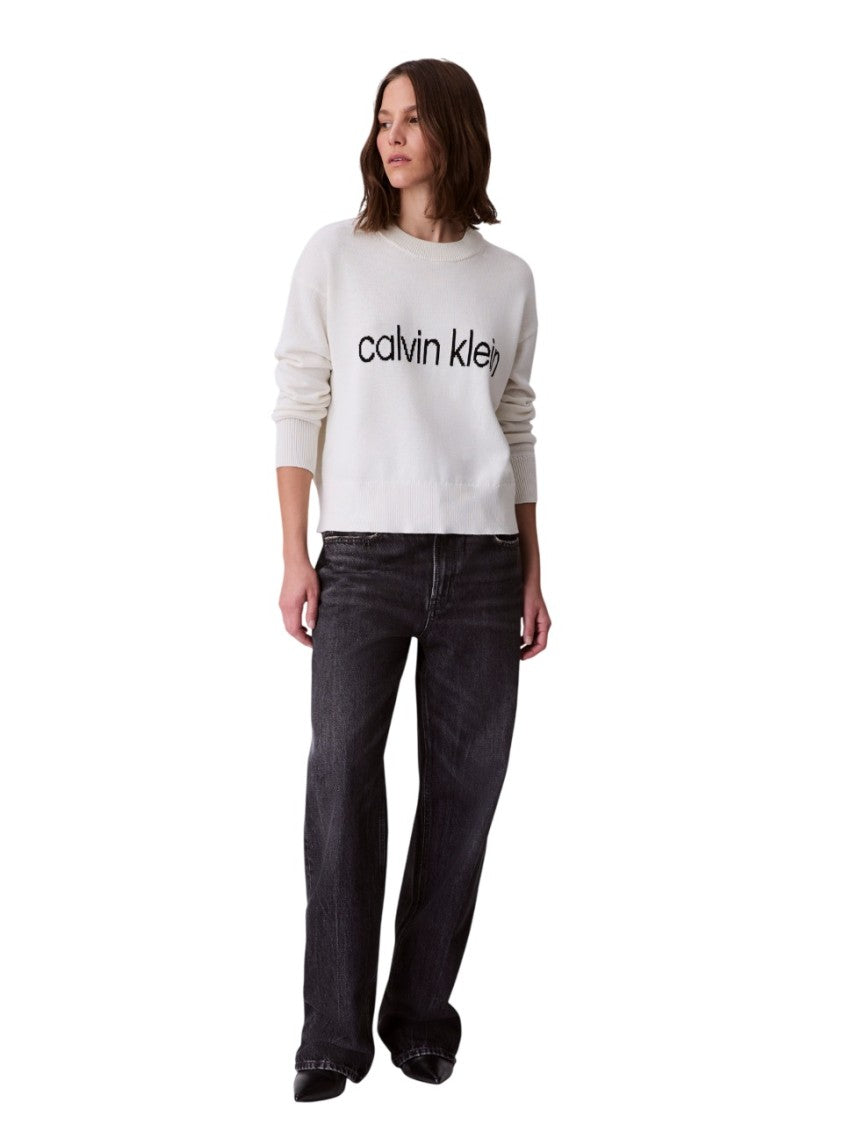 Calvin Klein Cream Relaxed-Fit Sweater With Graphic Logo