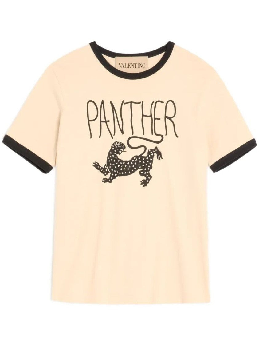 Valentino Light Beige Graphic Panther Cotton T-Shirt