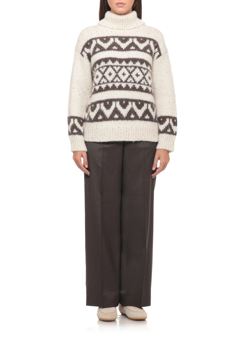 Peserico Ivory Alpaca Blend Sweater With Geometric Pattern