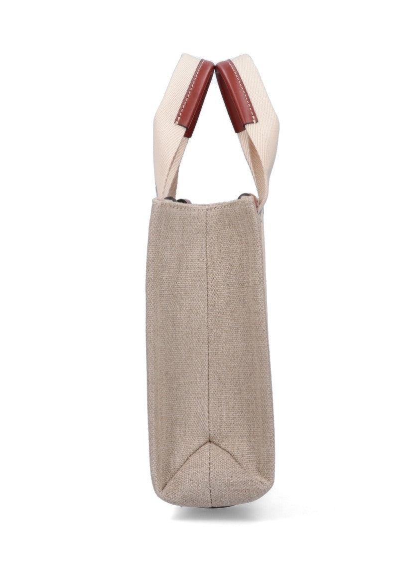 Chloé Woody Beige Linen Leather Trim Small Tote Bag