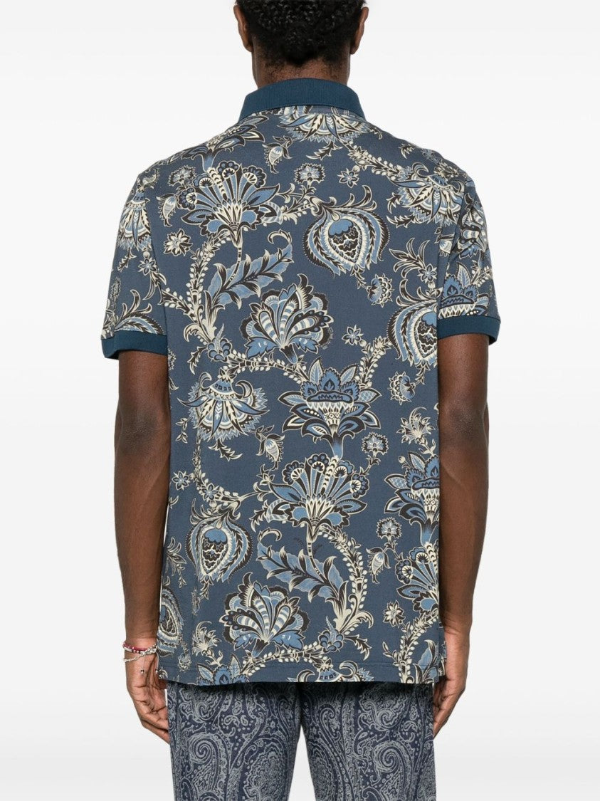 Etro Floral Print Poloshirt In Rich Prussian Blue