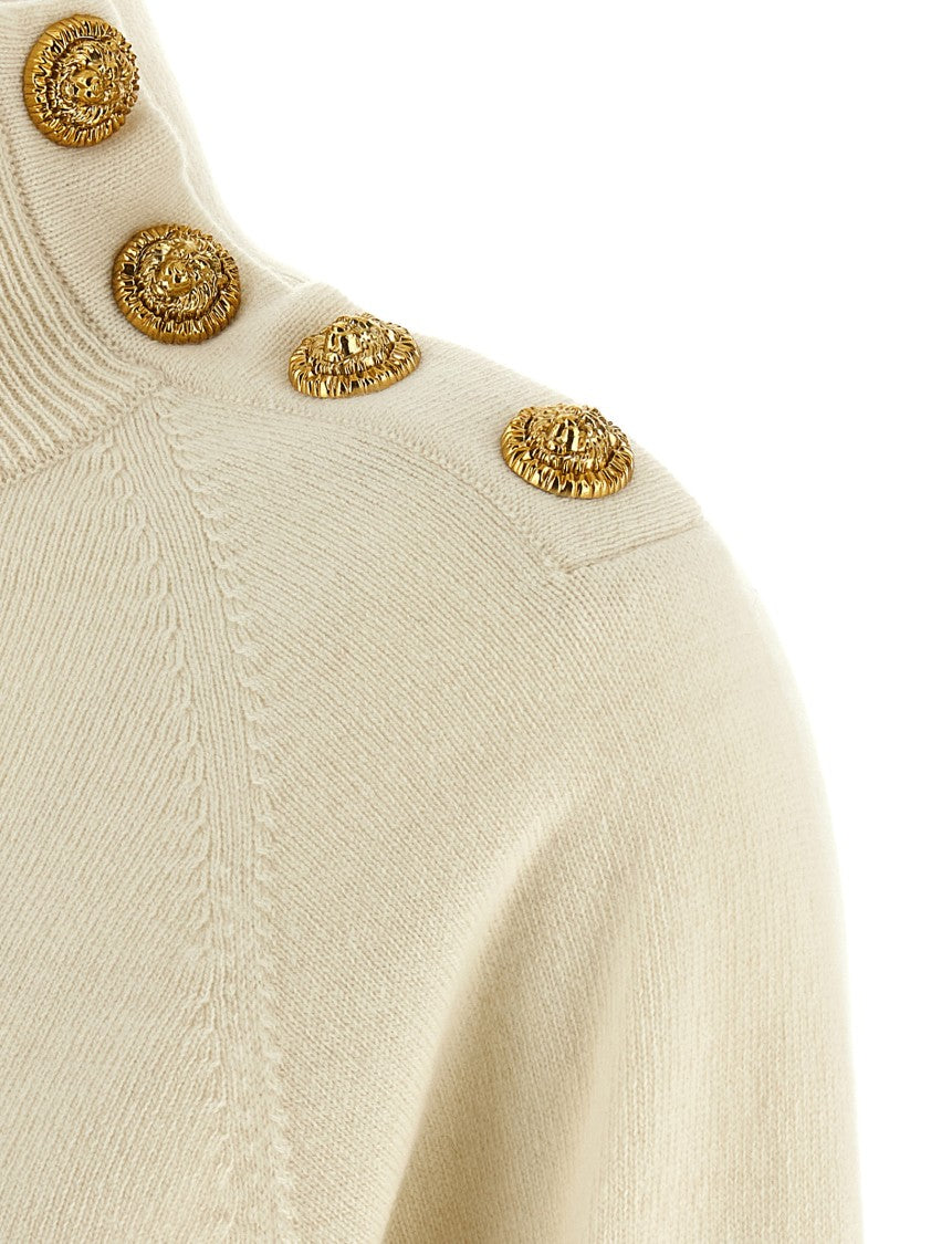 Balmain Cashmere Wool Sweater With High Neck And Lion Head Button Detail