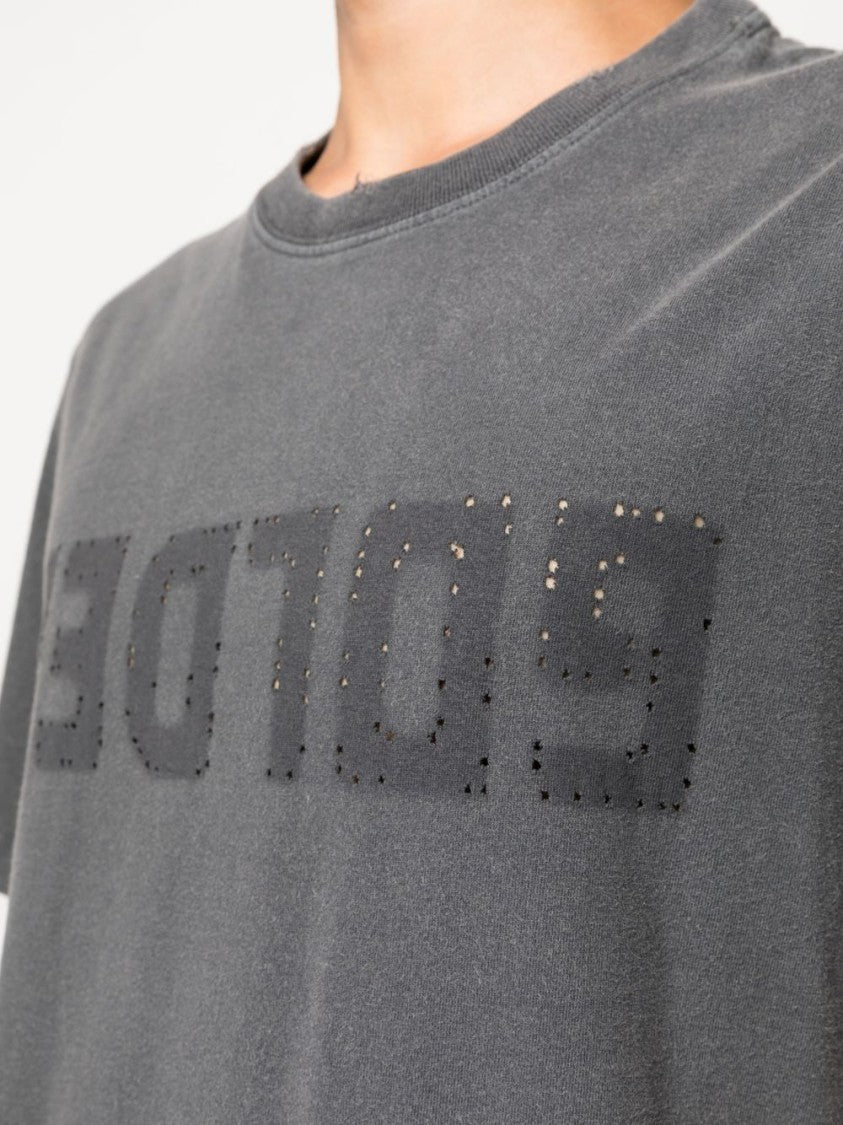 Golden Goose Distressed Logo Grey Cotton T-Shirt