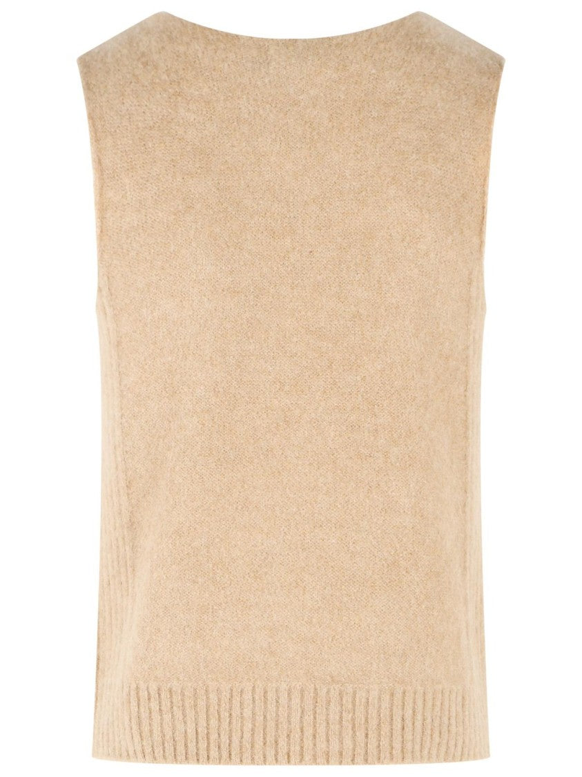 Dries Van Noten Beige Alpaca Blend Vest With Horizontal Stripe Pattern