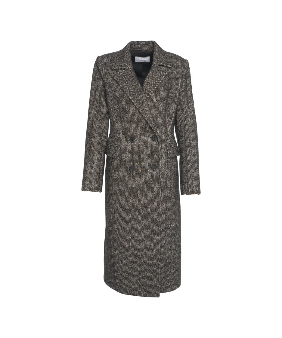 Kaos Herringbone Pattern Maxi Length Double-Breasted Coat