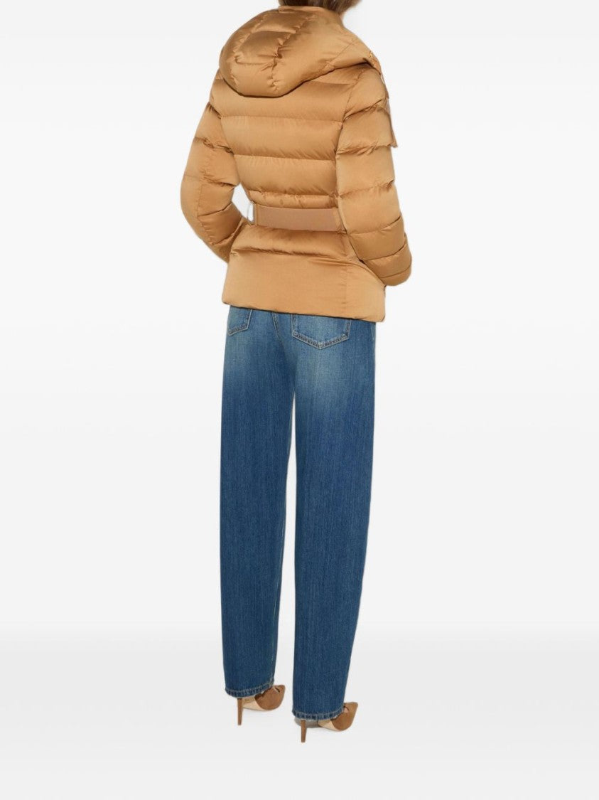 Elisabetta Franchi Voile High-Collar Belted Hooded Down Jacket