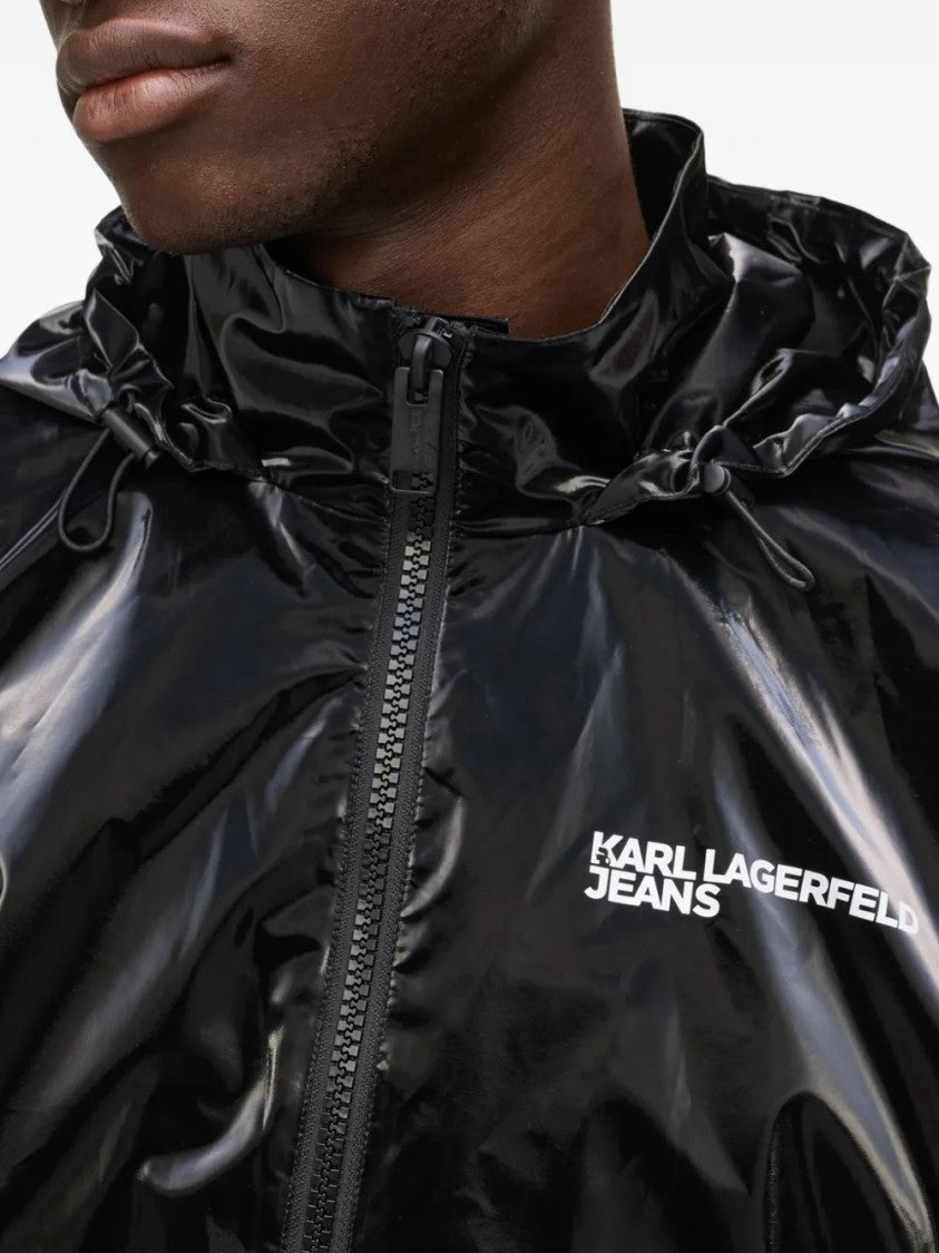 Karl Lagerfeld Glossy Black Finish Casual Jacket With Adjustable Hood