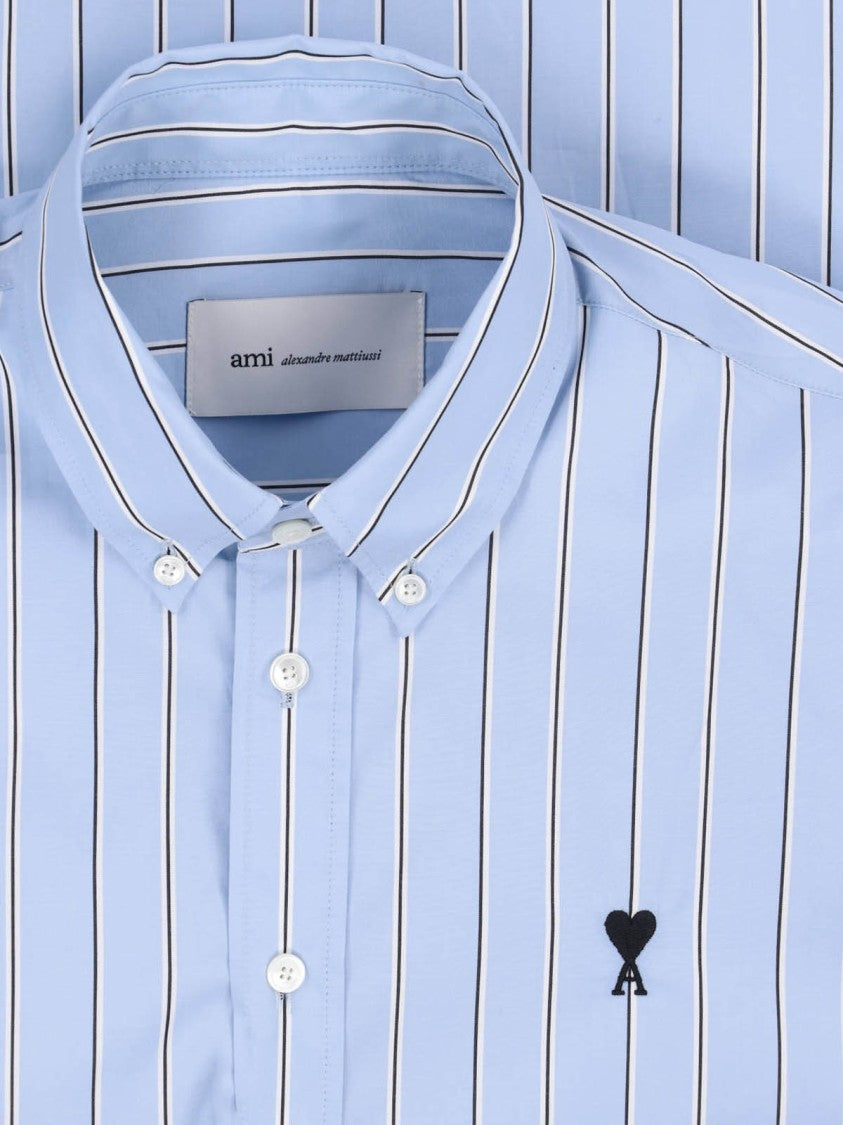 Ami Paris Light Blue Ami De Cœur Striped Shirt