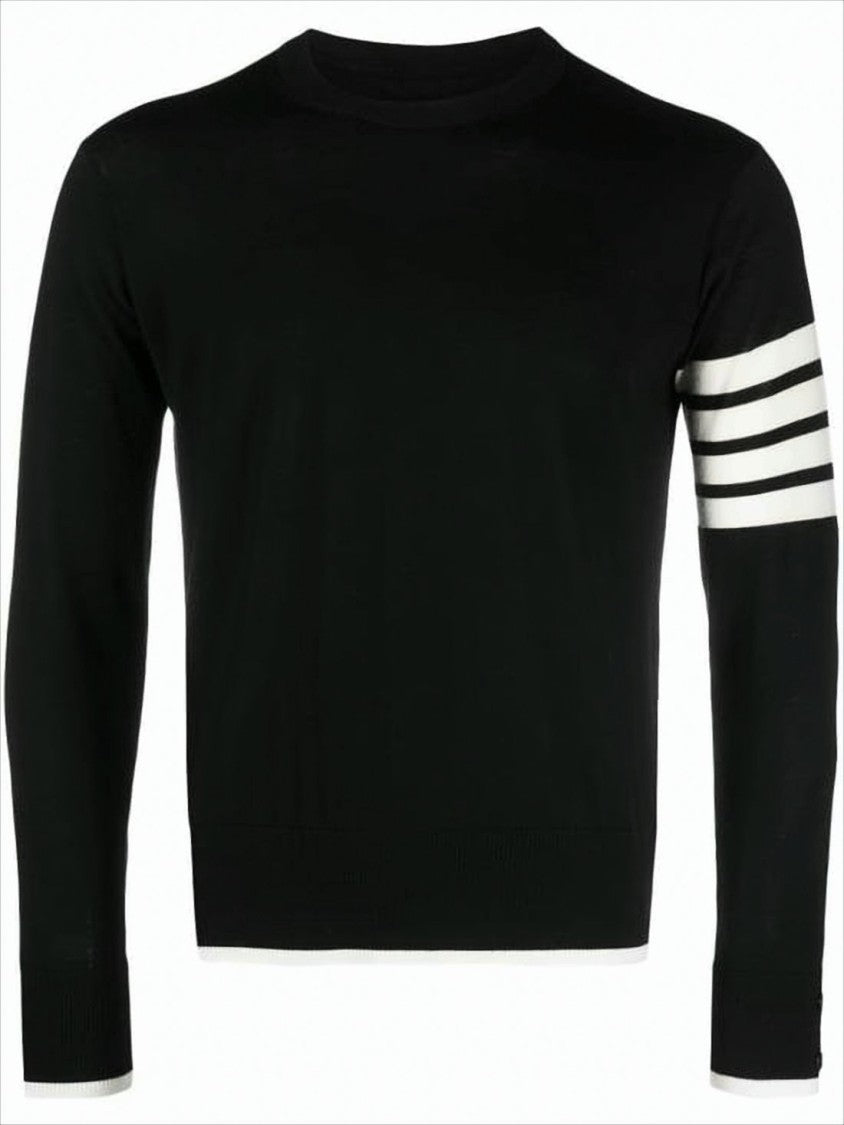 Thom Browne Crew Neck Black Wool Sweater With Signature Stripes And Buttoned Cuffs