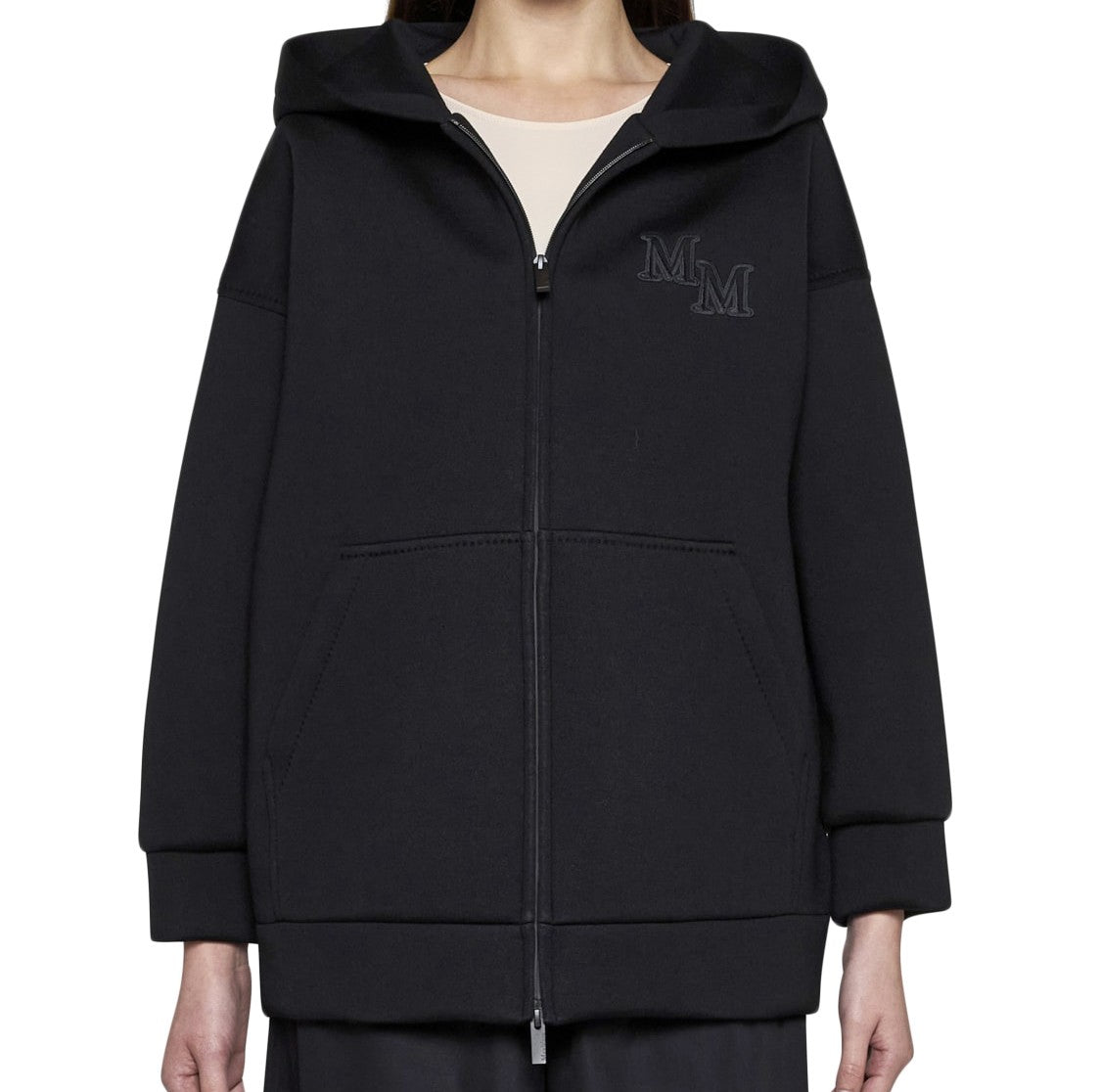 Max Mara Hooded Black Wool Sweatshirt With Embroidered Initials