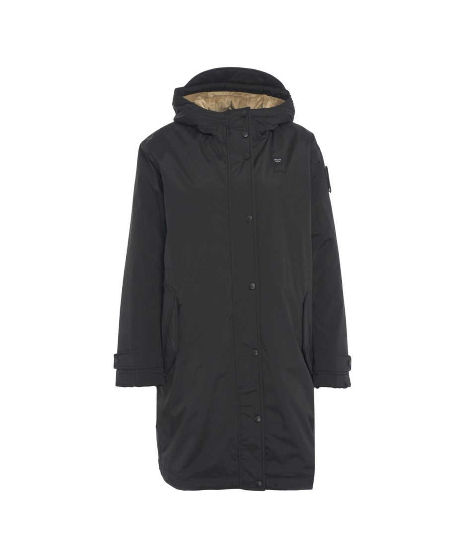 Blauer Long Black Parka With Protective Hood And Flap Pockets