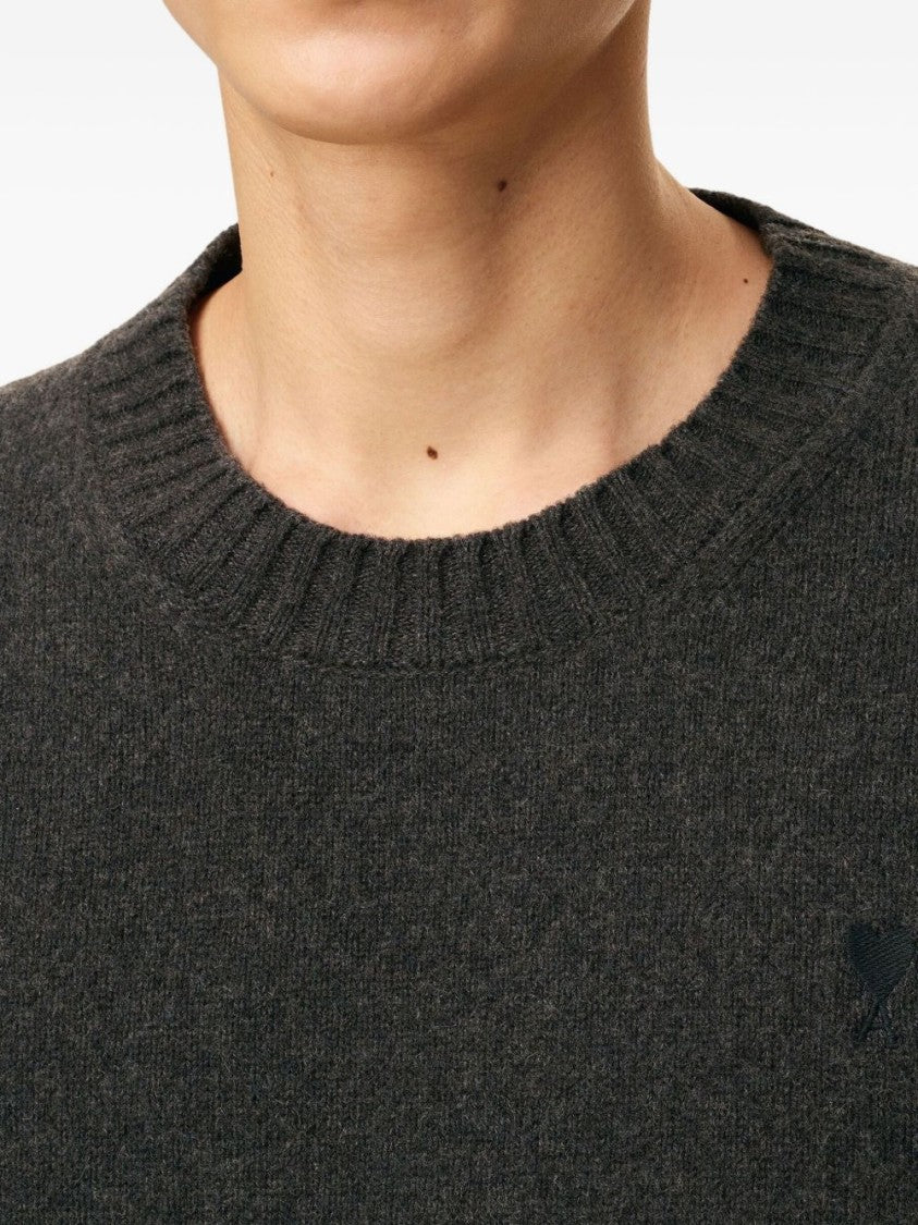 Ami Paris Charcoal Grey Crew Neck Sweater With Logo Embroidery