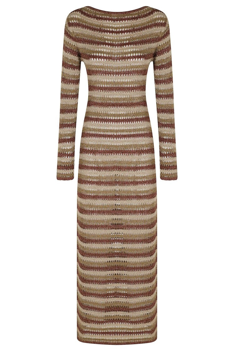 Mc2 Saint Barth Brown Robyn Striped Lurex Boat Neckline Viscose Midi Dress