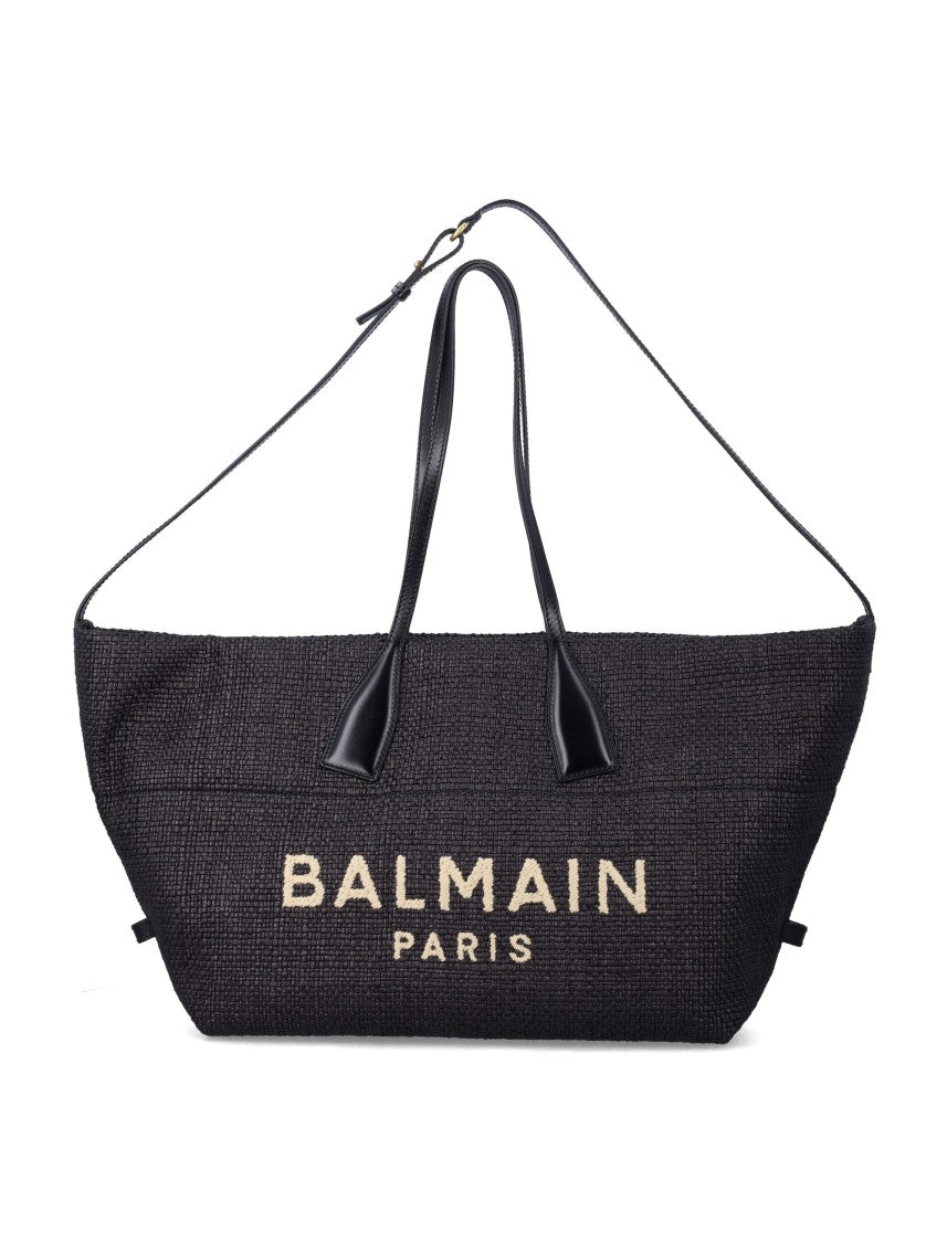Balmain Track Medium Raffia Leather Tote