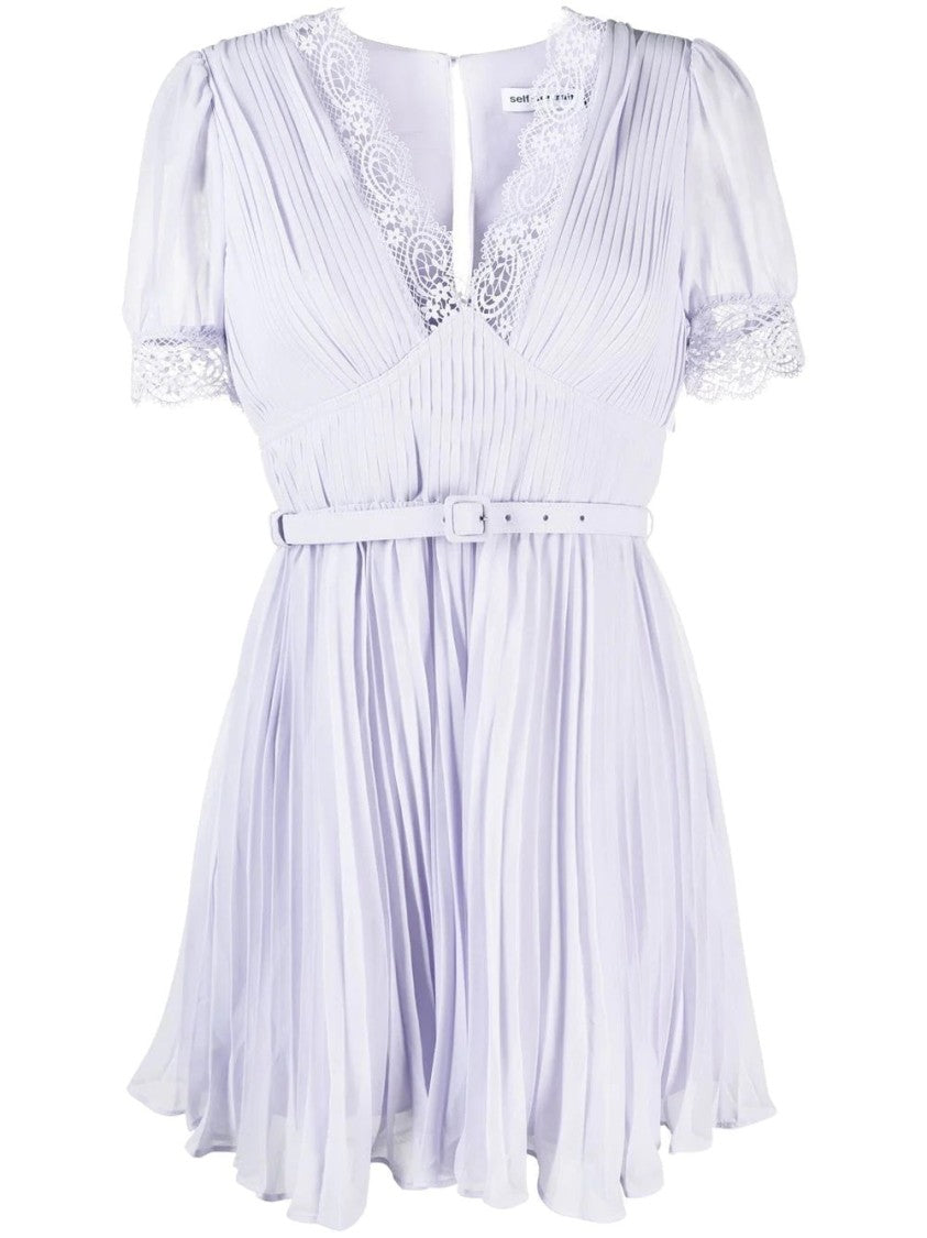 Self-Portrait Delicate Lilac Chiffon Mini Dress With Lace Trim And Pleated Design