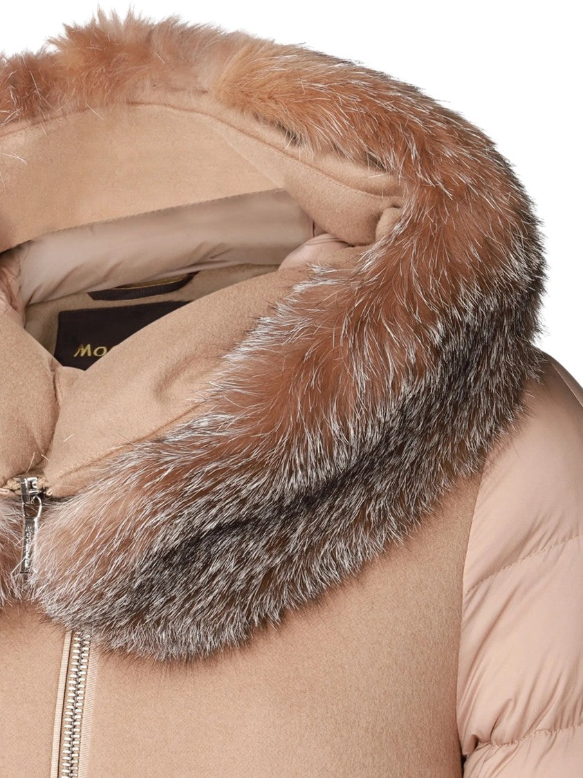 Moorer Fresia Coat With Quilted Sleeves And Fur Trim