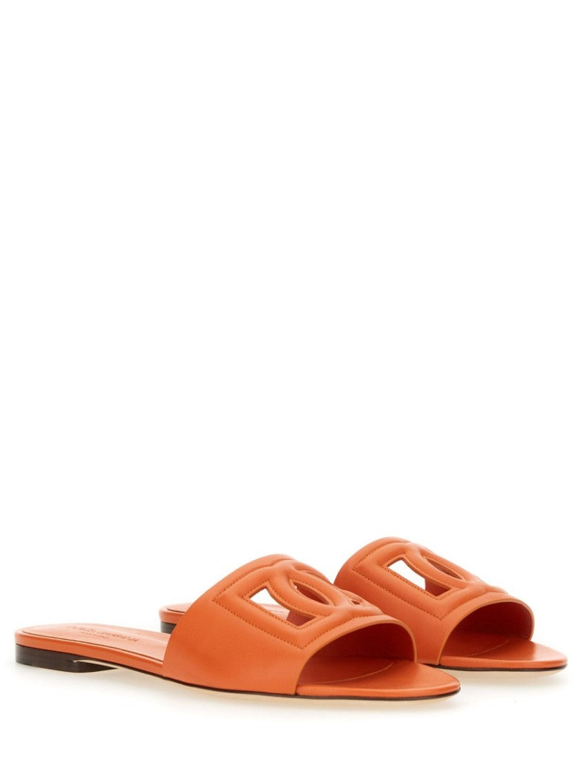 Dolce & Gabbana Open Toe Raised Logo Leather Slide Sandals