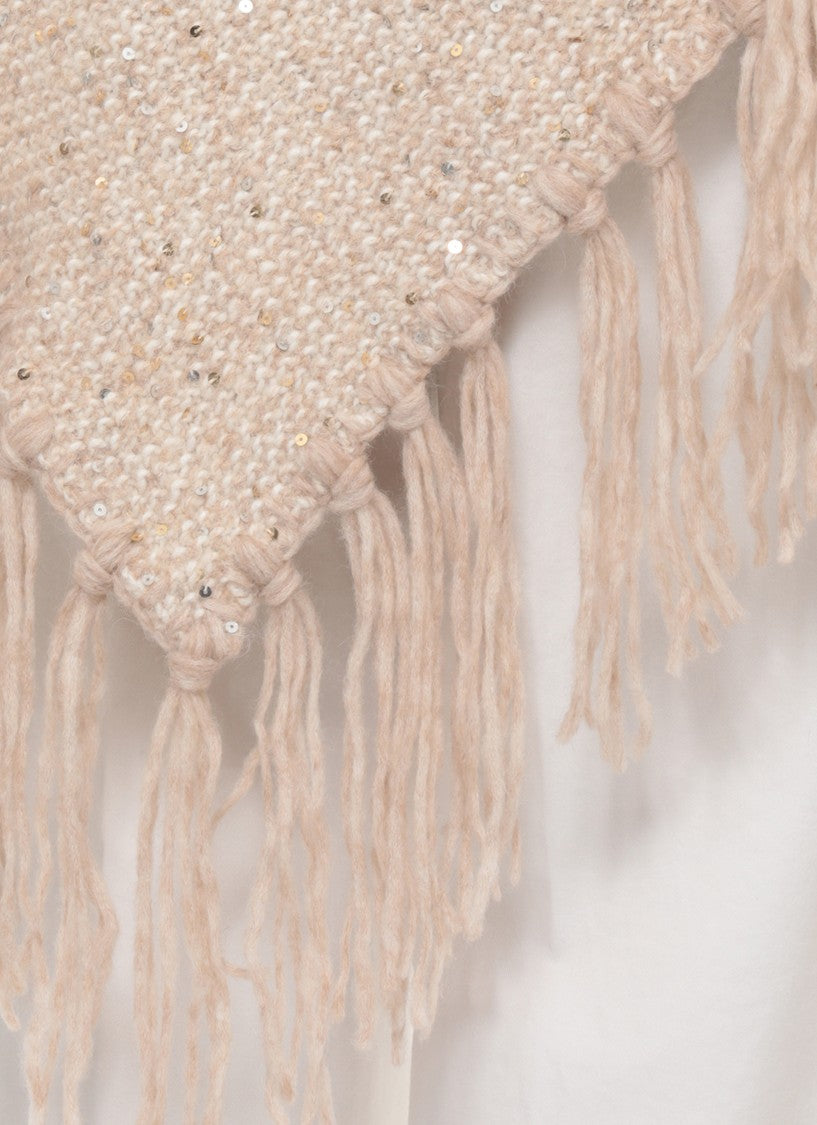 Peserico Beige Knitted Cape With Lurex Motif And Fringed Hem