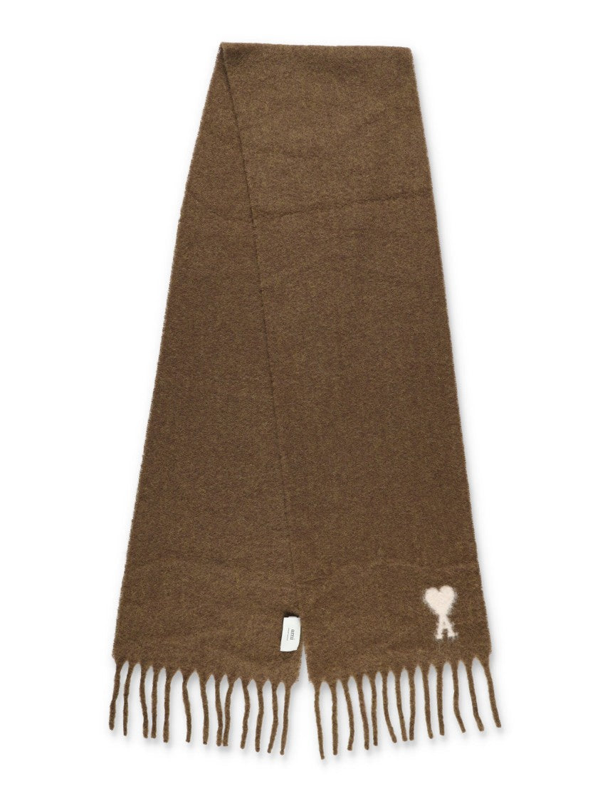 Ami Paris Alpaca And Wool Blend Scarf With Intarsia Logo