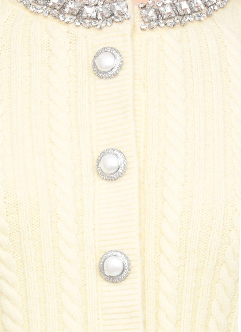 Self-Portrait Cropped Yellow Alpaca Cardigan With Rhinestone Embellishments