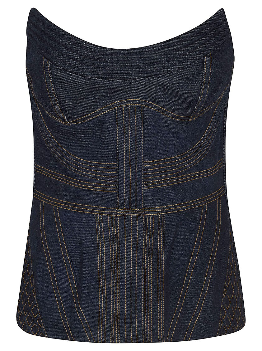 Zimmermann Rebellion Corded Denim Corset With V-Neckline And Exposed Topstitching