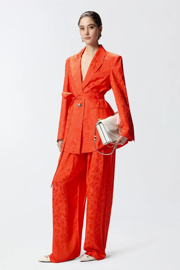 Pinko Orange Viscose-Modal Belted Jacquard Blazer