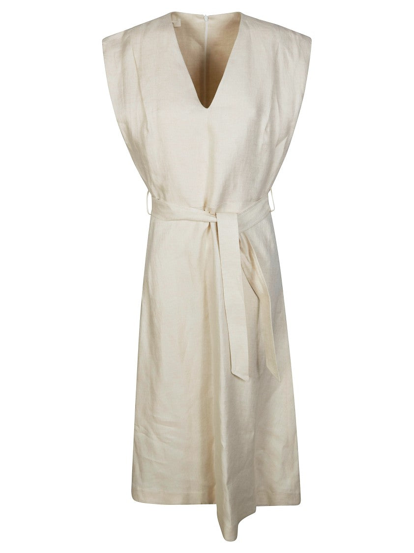Incotex Linen Belted Wide Shoulder Dress