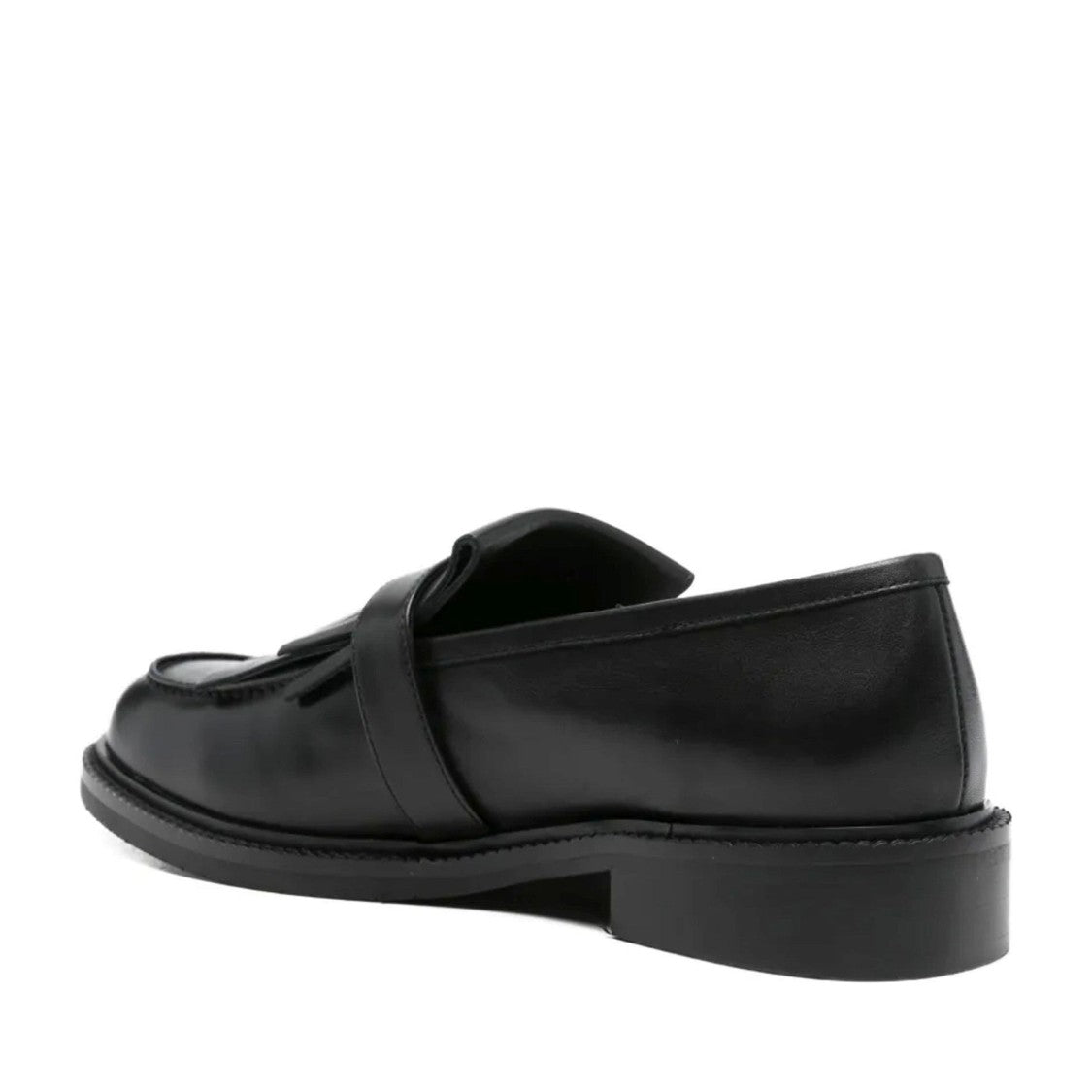 Adrianna Feretti Black Fringe Gold Buckle Leather Loafers