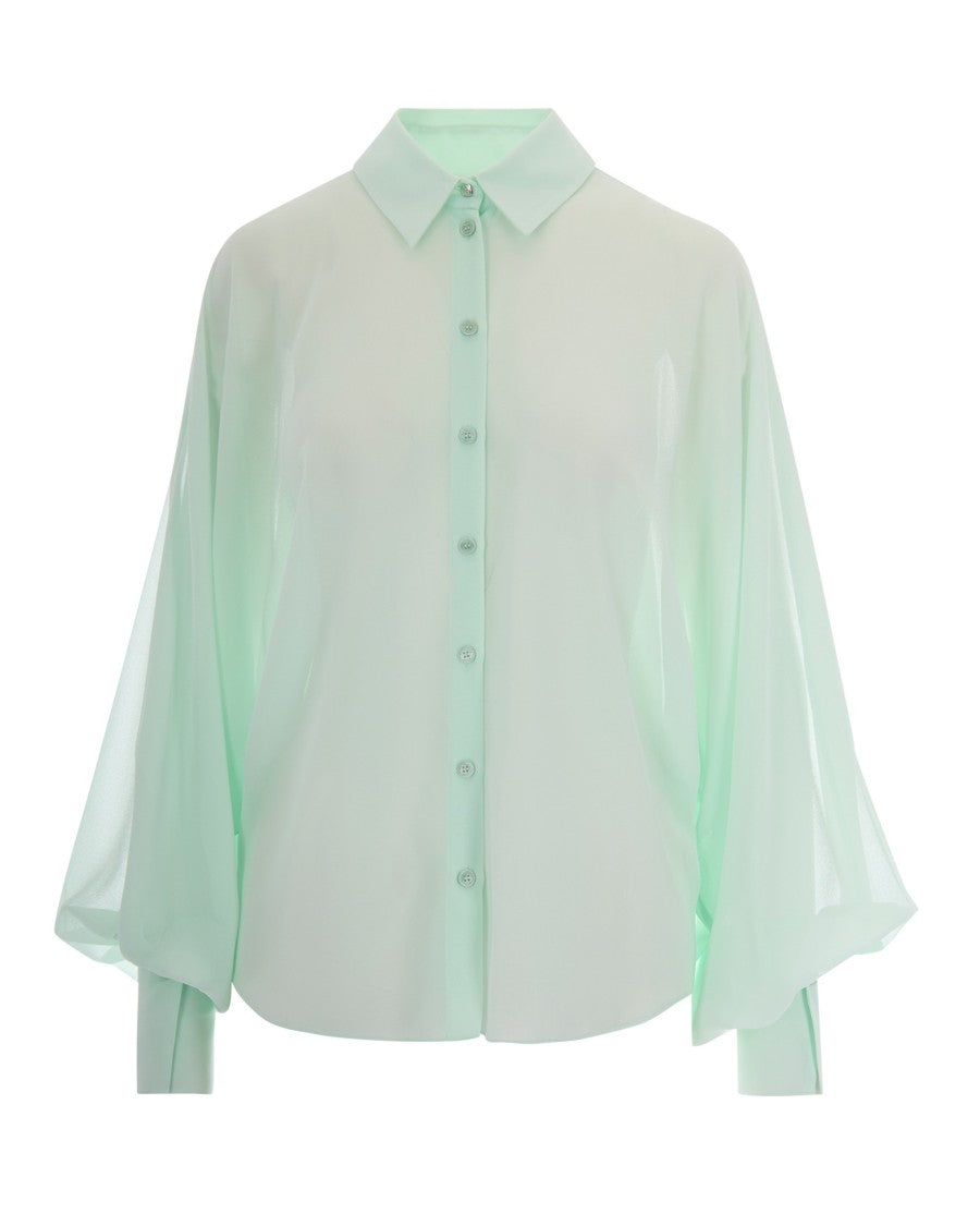 Patrizia Pepe Fluid Light Aqua Blouse With Sheer Sleeves And Classic Collar