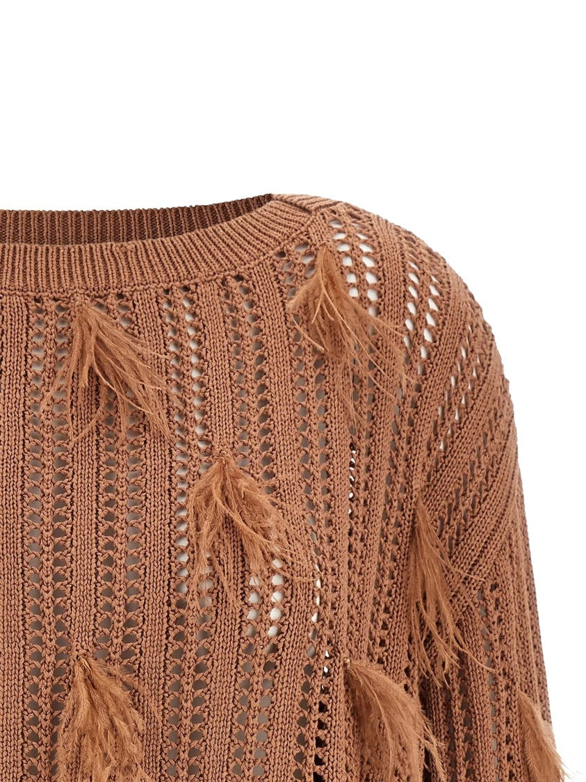 Twin-Set Brown Cropped Openwork Knit Sweater