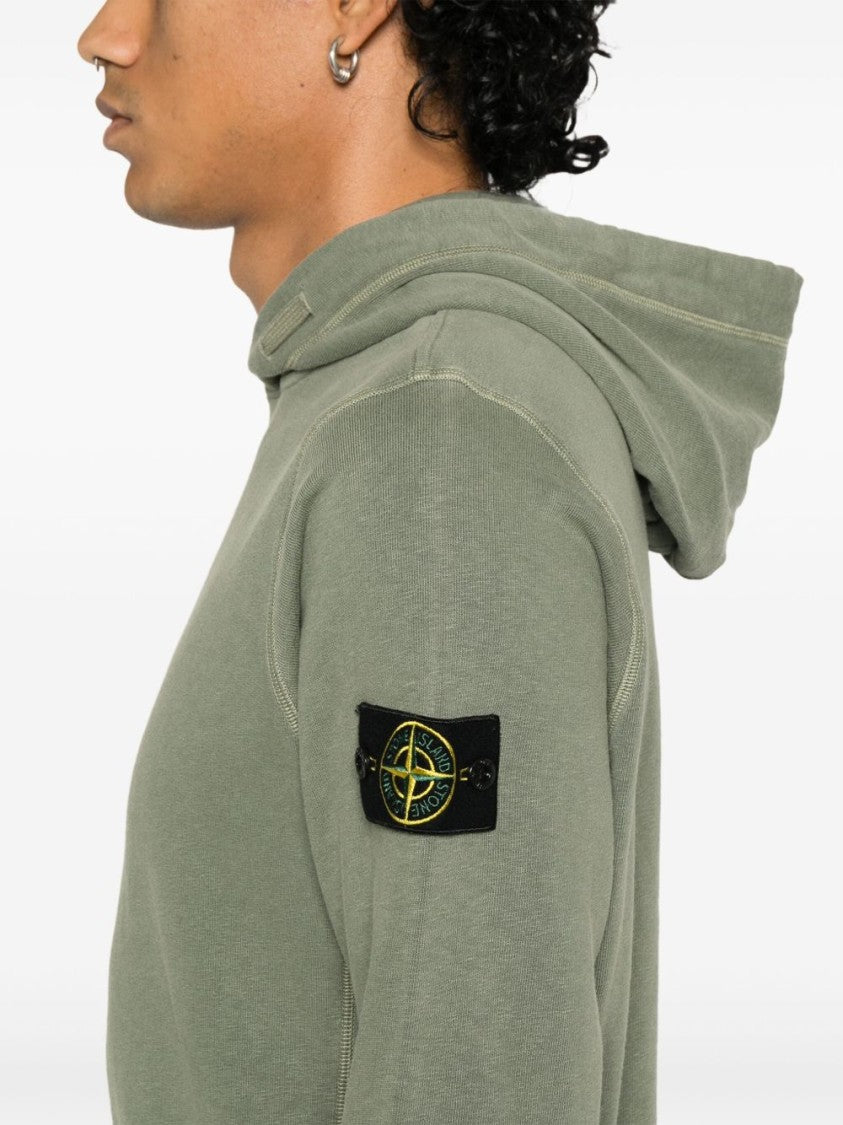 Stone Island Textured Cotton Green Hooded Sweater With Logo Patch