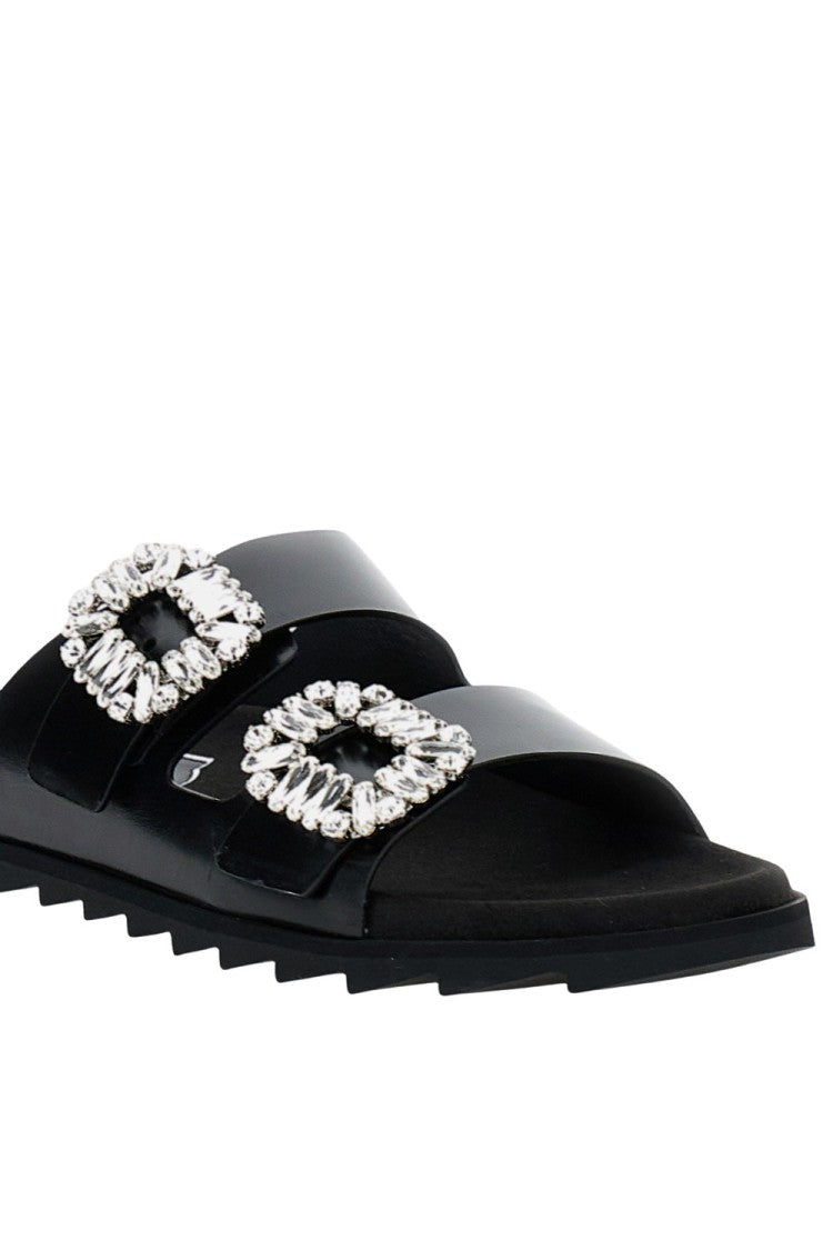 Roger Vivier Flat Black Sandals With Crystal Embellishments