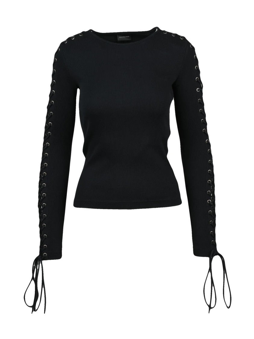 Balenciaga Fitted Long-Sleeve Cotton Weave Top With Lace-Up Detailing