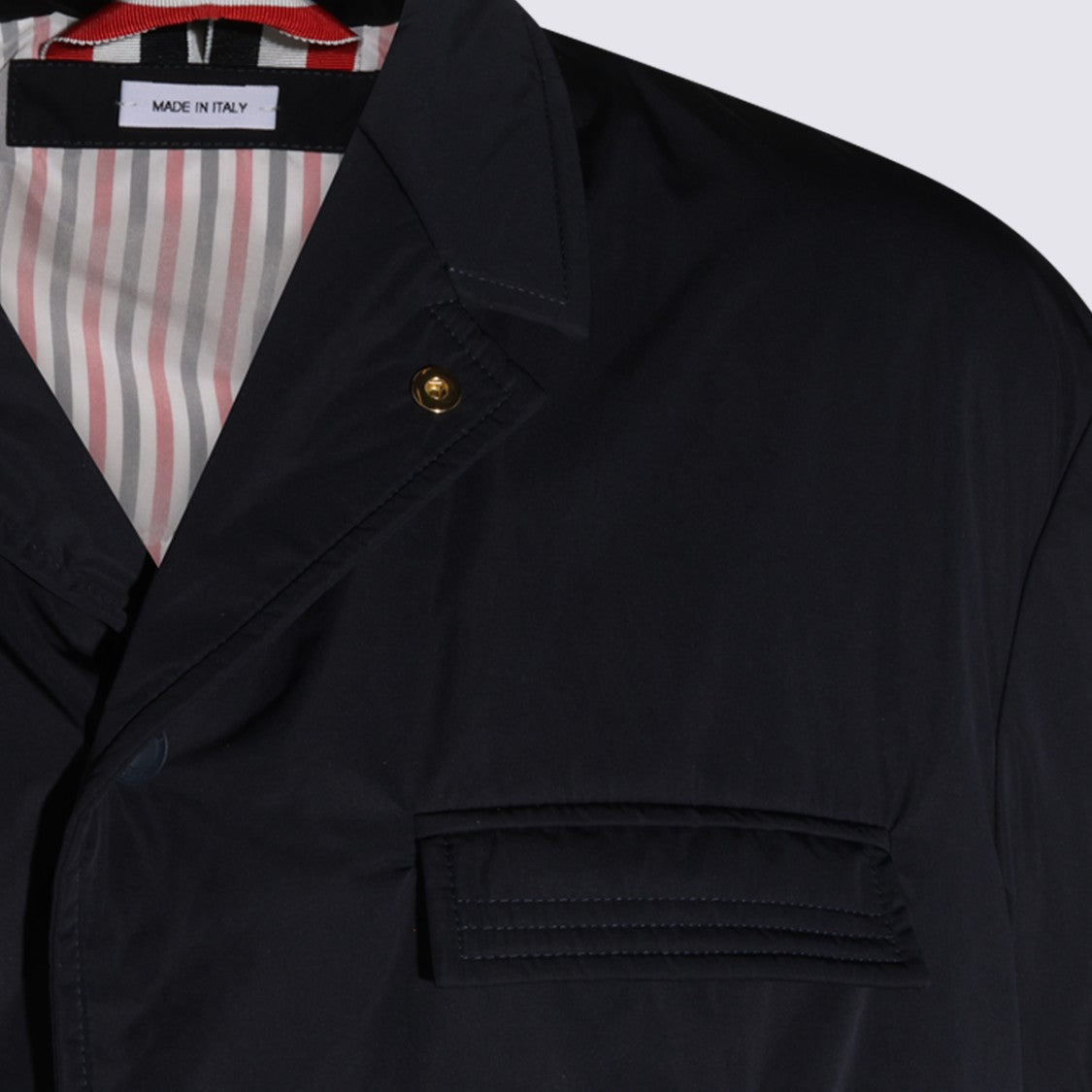 Thom Browne Long Blue Jacket With Striped Accent And Flap Pockets
