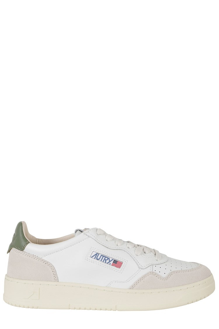 Autry White Green Medalist Low Suede Inserts Leather Sneakers