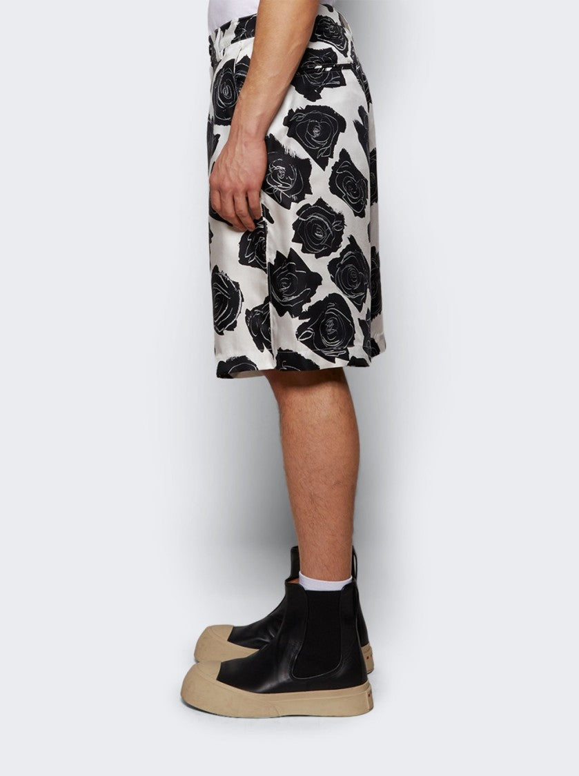 Marni Silk Shorts Lily White And Black Flowers