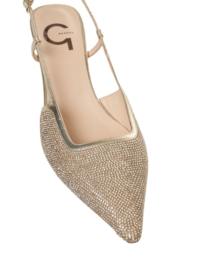 Gender Pointed Toe Gold Slingbacks With Rhinestone Embellishments