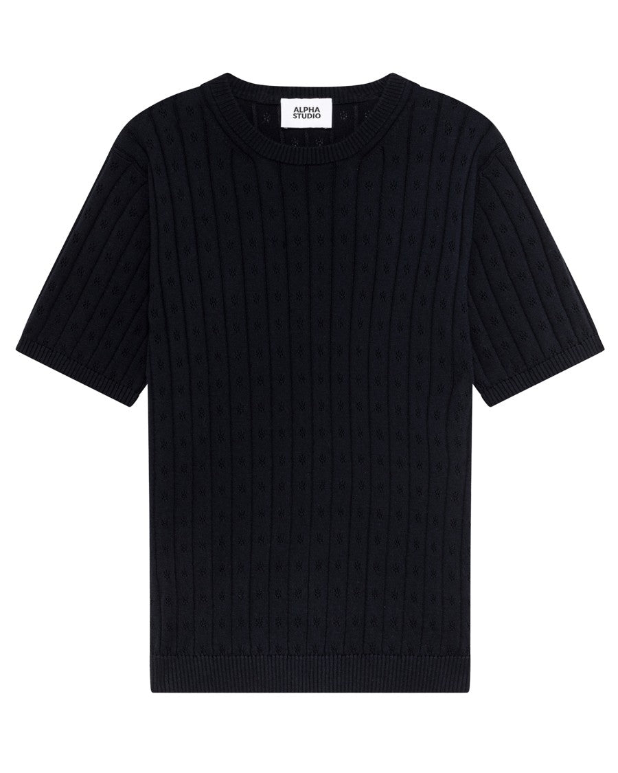 Alpha Studio Night Blue Cotton Knit Top With Openwork Detailing
