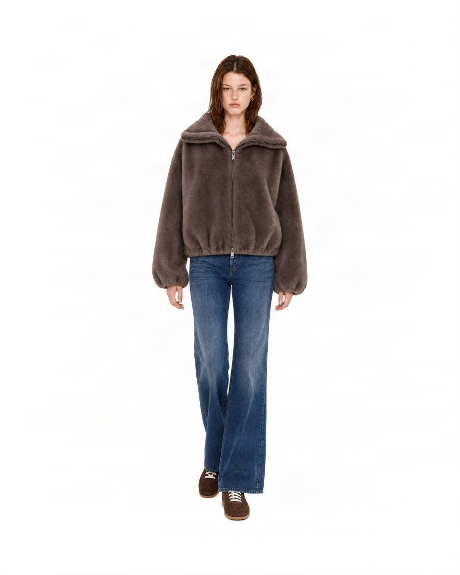 P.A.R.O.S.H. Short Taupe Eco Fur Jacket With Stand-Up Collar