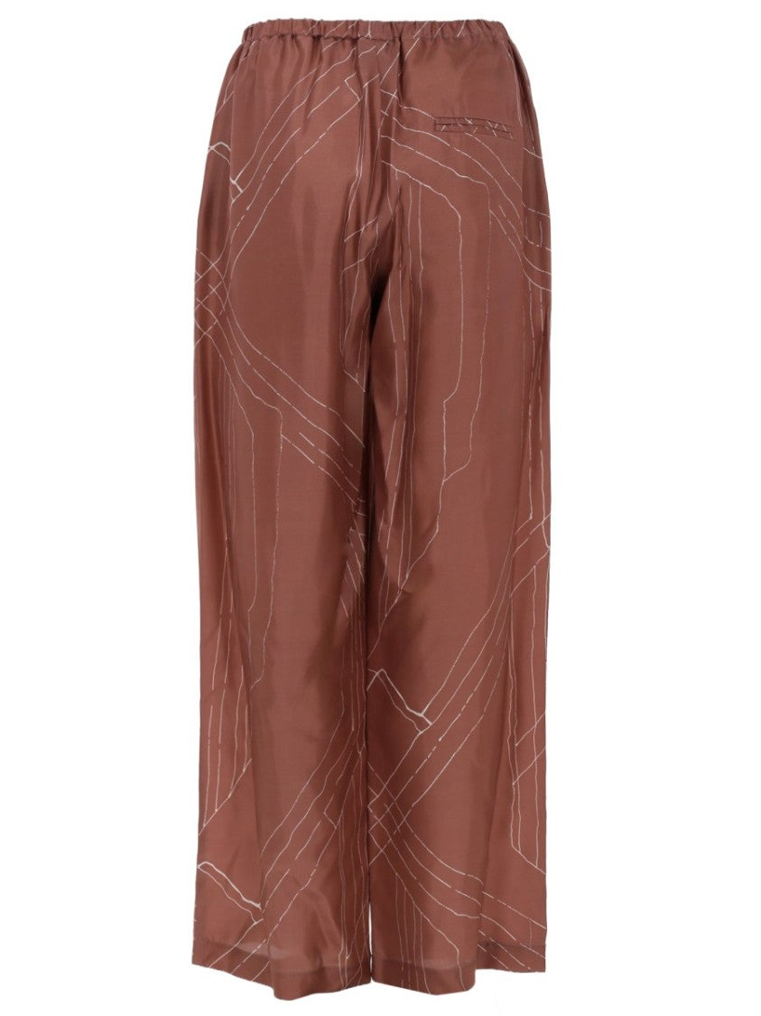 Alysi Linear Pattern Elastic Waistband Silk Wide-Leg Pants