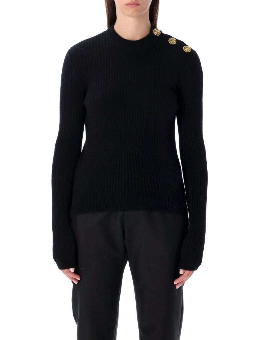 Balmain Black Ribbed Wool Sweater With Gold Buttons