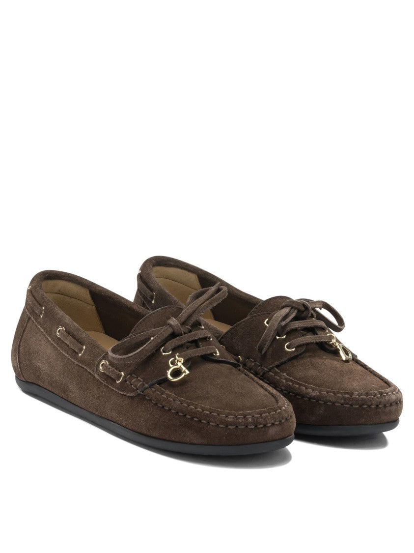 Ferragamo Brown Suede Loafers With Moccasin Toe And Lace-Up Bow
