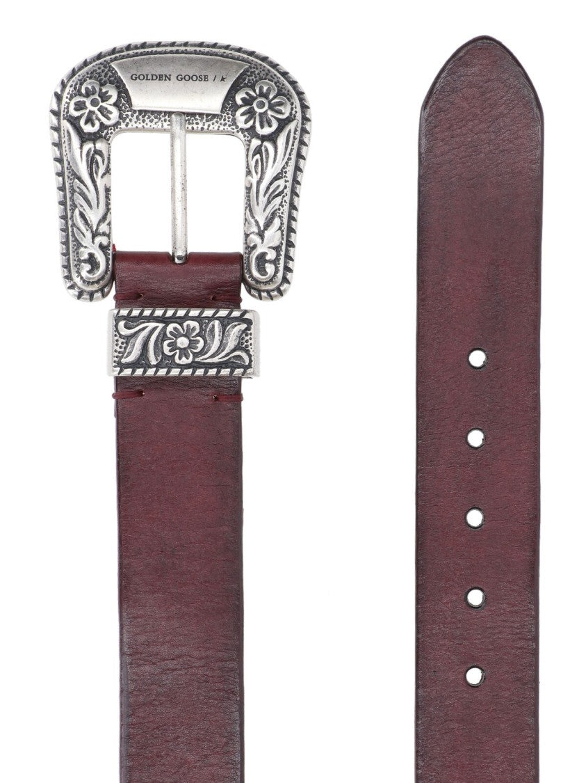 Golden Goose Bordeaux Ornate Buckle Leather Belt