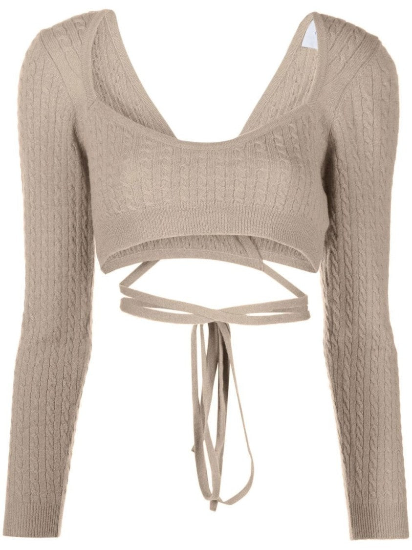 Patou Cropped Tie-Fastening Top In Taupe Wool-Cashmere Blend