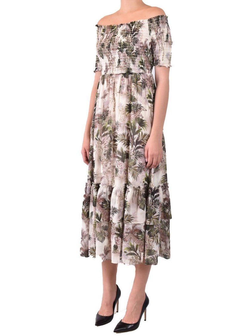 L'agence Off-Shoulder Midi Dress Tropical Leaf Ruffle